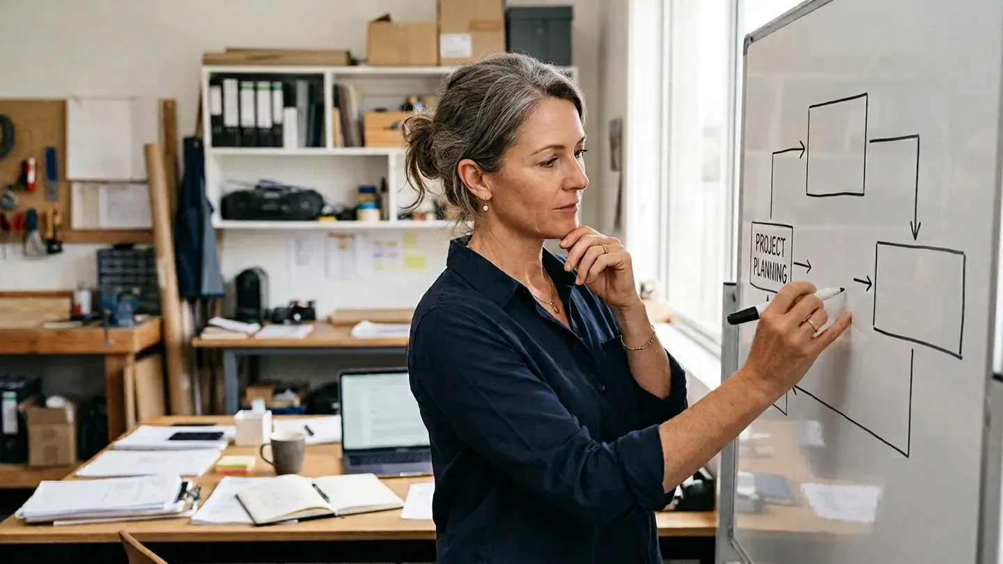 A small business owner reviewing their sales process at a desk in a practical office setting.
